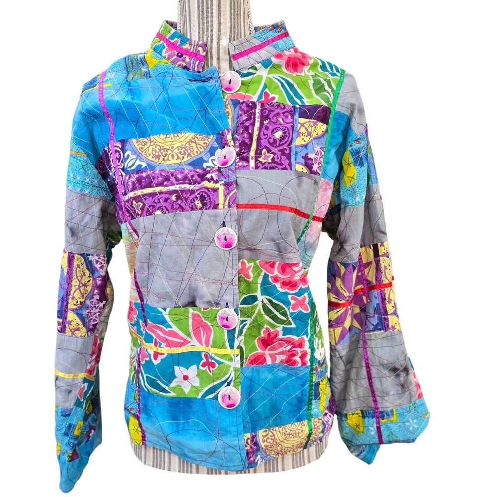 Colorful Patchwork Jacket Boxy Lagenlook‎ Tie Dye Floral Art Teacher Button Med